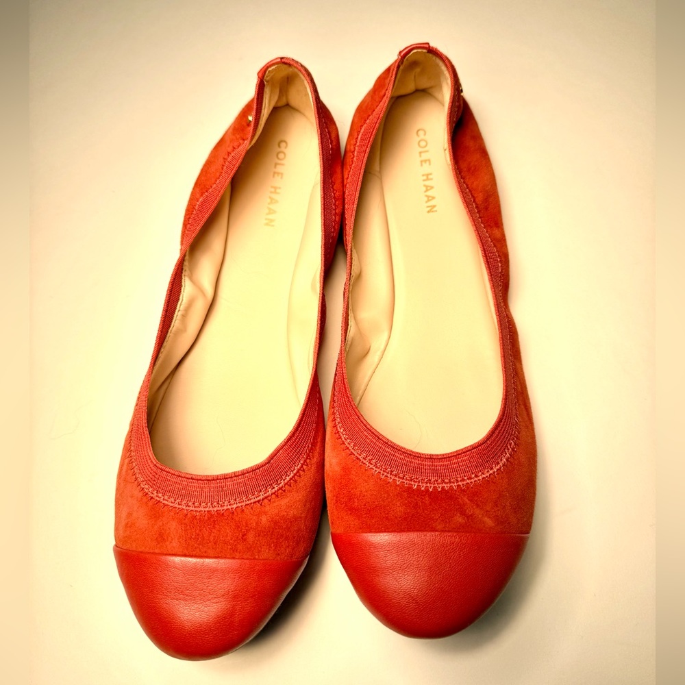 Cole Haan Elbridge Red Suede Ballet Flats Leather Cap Toe Comfort Shoes Size 7 - Picture 9 of 11